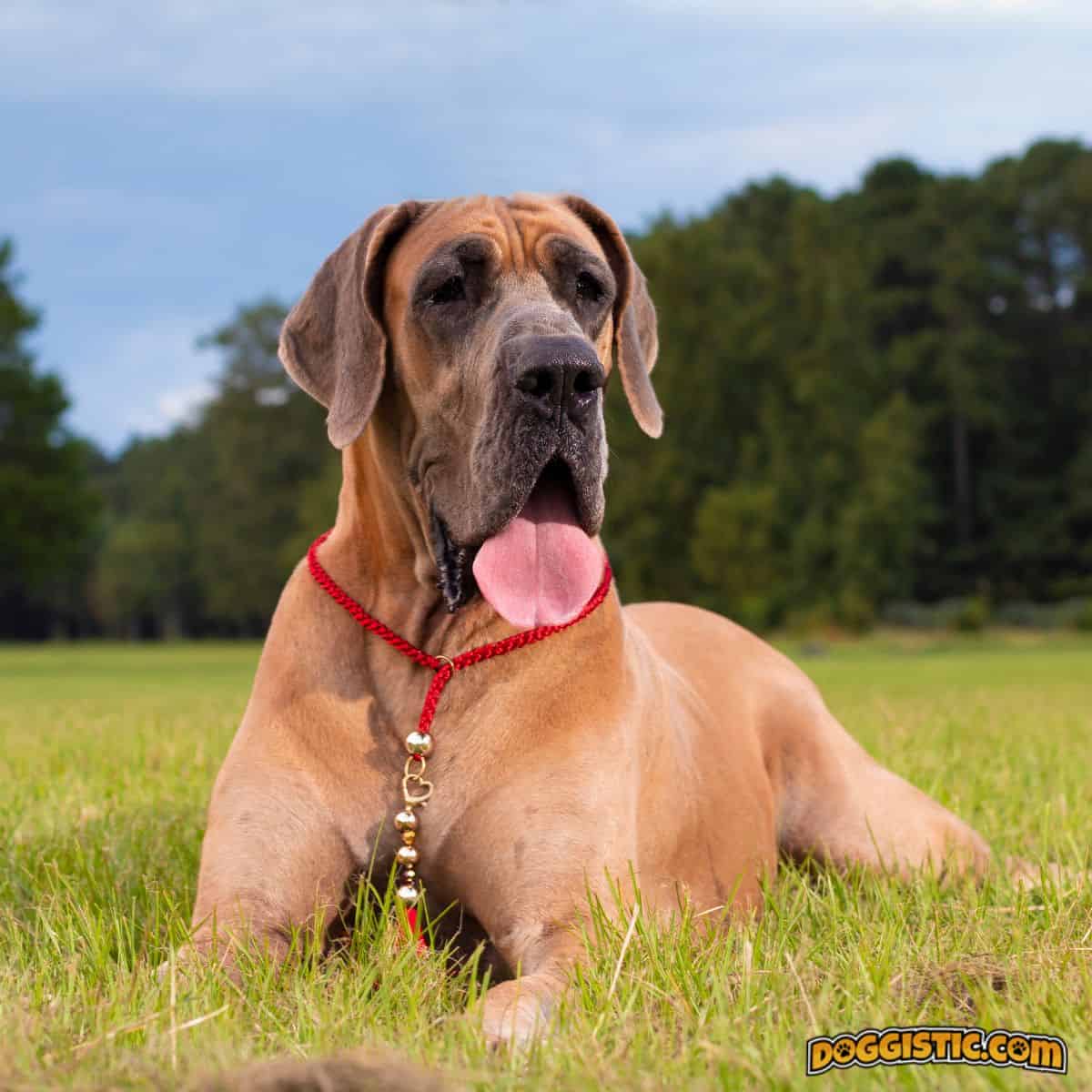 A square image of a fully grown fawn-colored great dane with a red collar laying in the grass panting.